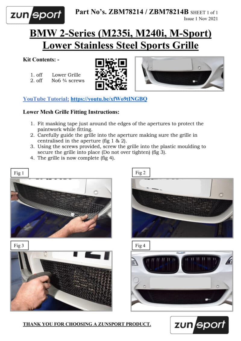 Zunsport bmw 2 series f22 f23 m sport lower grille