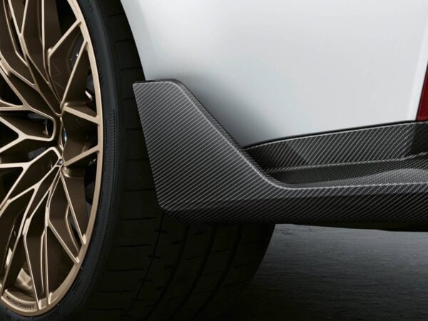 Alternative view of Genuine BMW M Performance Rear Corner Splitters in Prepreg Carbon Fibre for G80 G81 M3